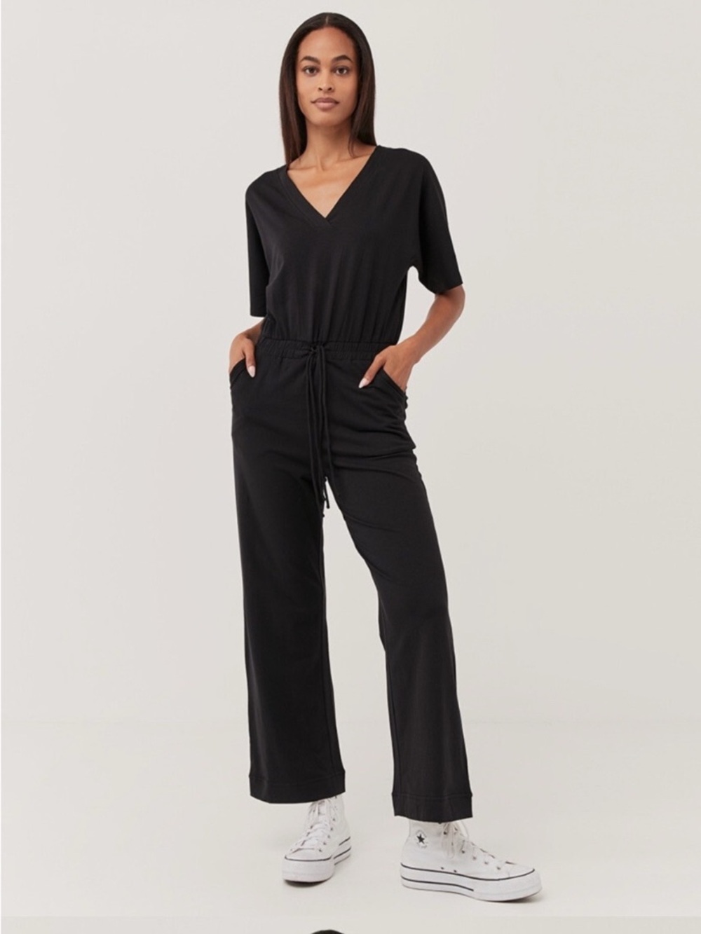 Pact Black Revive Jumpsuit V-Neck Drawstring Waist Wide Leg Medium